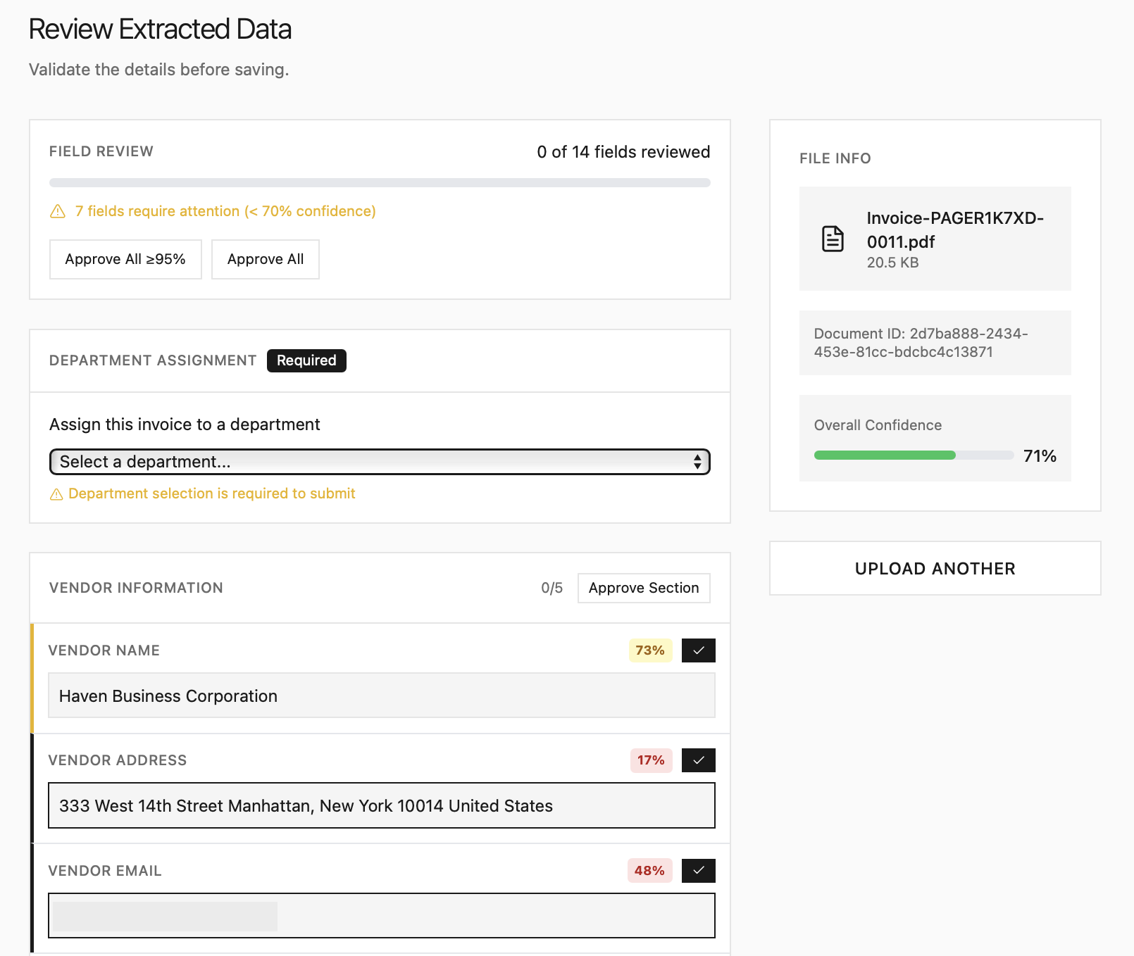Invoice field review and validation view